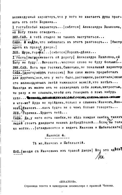 «ИВАНОВ». Страница текста в цензурном экземпляре с правкой Чехова.